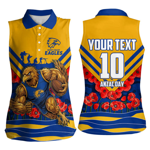 Personalised West Coast Eagles ANZAC Women Sleeveless Polo Shirt Military Remembrance Australian Football Mascot Camouflage