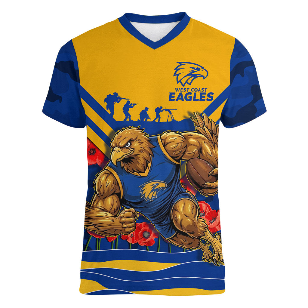 Personalised West Coast Eagles ANZAC Women V-Neck T-Shirt Military Remembrance Australian Football Mascot Camouflage