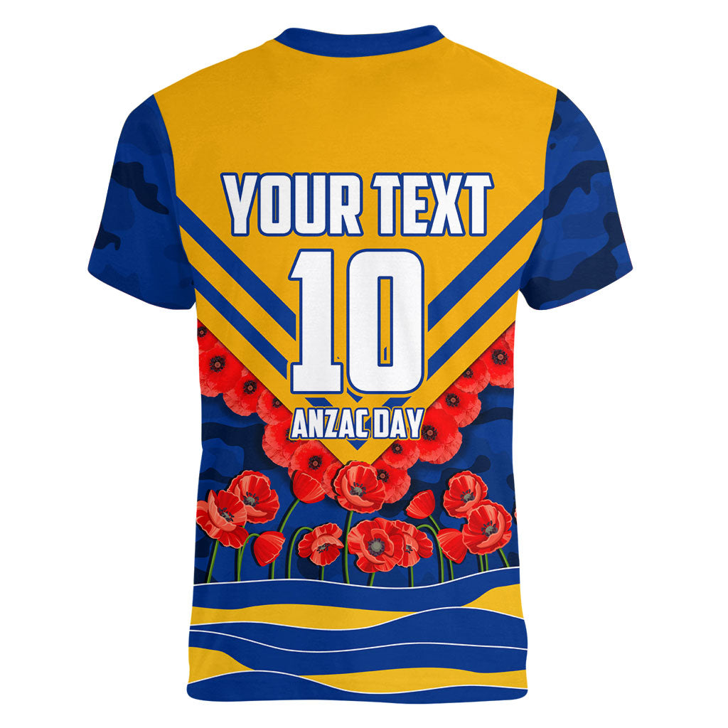 Personalised West Coast Eagles ANZAC Women V-Neck T-Shirt Military Remembrance Australian Football Mascot Camouflage