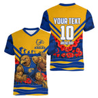 Personalised West Coast Eagles ANZAC Women V-Neck T-Shirt Military Remembrance Australian Football Mascot Camouflage
