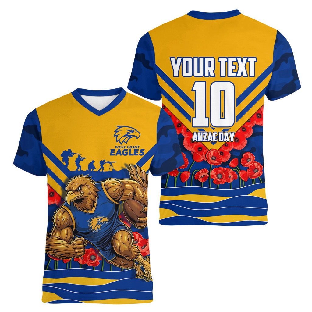 Personalised West Coast Eagles ANZAC Women V-Neck T-Shirt Military Remembrance Australian Football Mascot Camouflage
