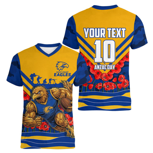 Personalised West Coast Eagles ANZAC Women V-Neck T-Shirt Military Remembrance Australian Football Mascot Camouflage