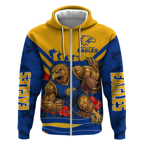 Personalised West Coast Eagles ANZAC Zip Hoodie Military Remembrance Australian Football Mascot Camouflage