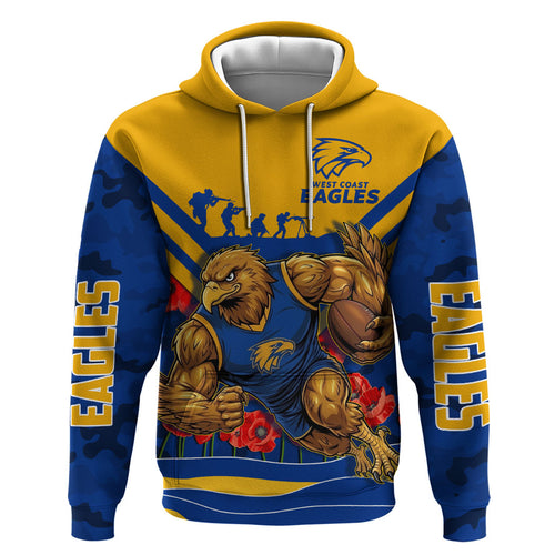 Personalised West Coast Eagles ANZAC Zip Hoodie Military Remembrance Australian Football Mascot Camouflage