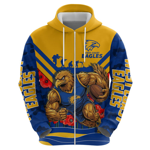Personalised West Coast Eagles ANZAC Zip Hoodie Military Remembrance Australian Football Mascot Camouflage