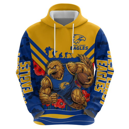 Personalised West Coast Eagles ANZAC Zip Hoodie Military Remembrance Australian Football Mascot Camouflage
