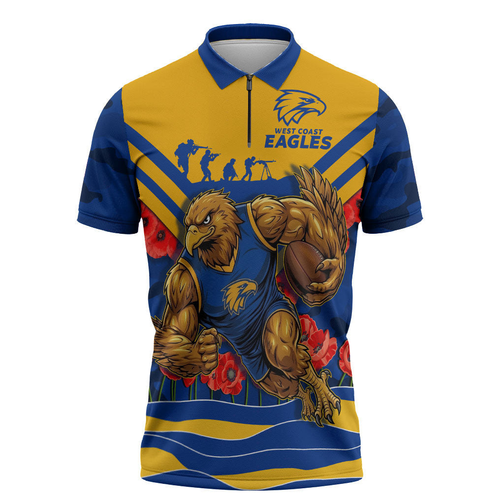 Personalised West Coast Eagles ANZAC Zipper Polo Shirt Military Remembrance Australian Football Mascot Camouflage