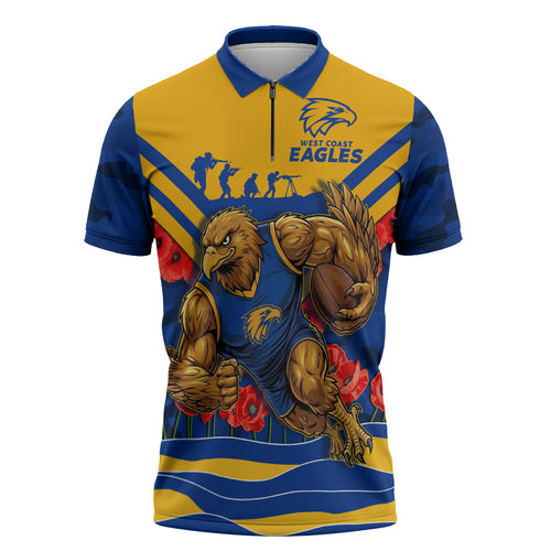 Personalised West Coast Eagles ANZAC Zipper Polo Shirt Military Remembrance Australian Football Mascot Camouflage