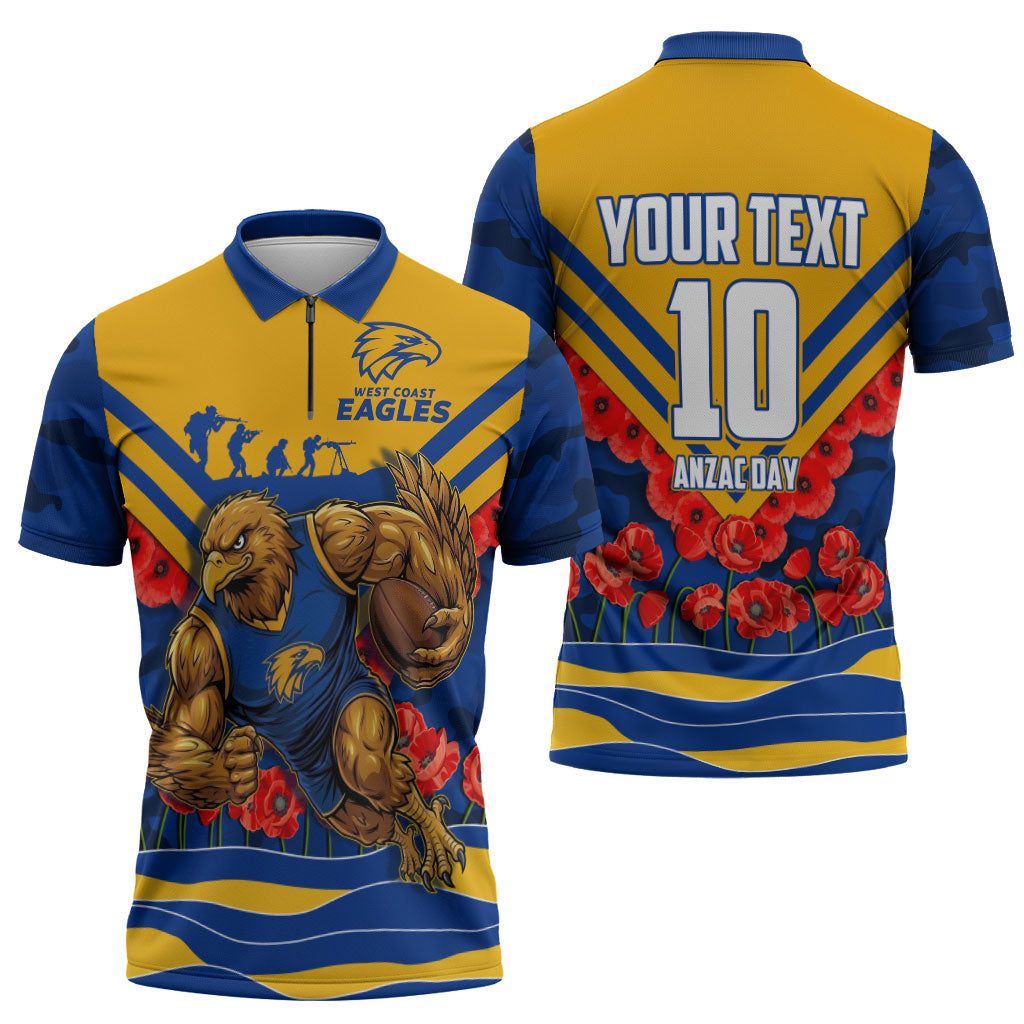 Personalised West Coast Eagles ANZAC Zipper Polo Shirt Military Remembrance Australian Football Mascot Camouflage