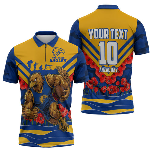 Personalised West Coast Eagles ANZAC Zipper Polo Shirt Military Remembrance Australian Football Mascot Camouflage