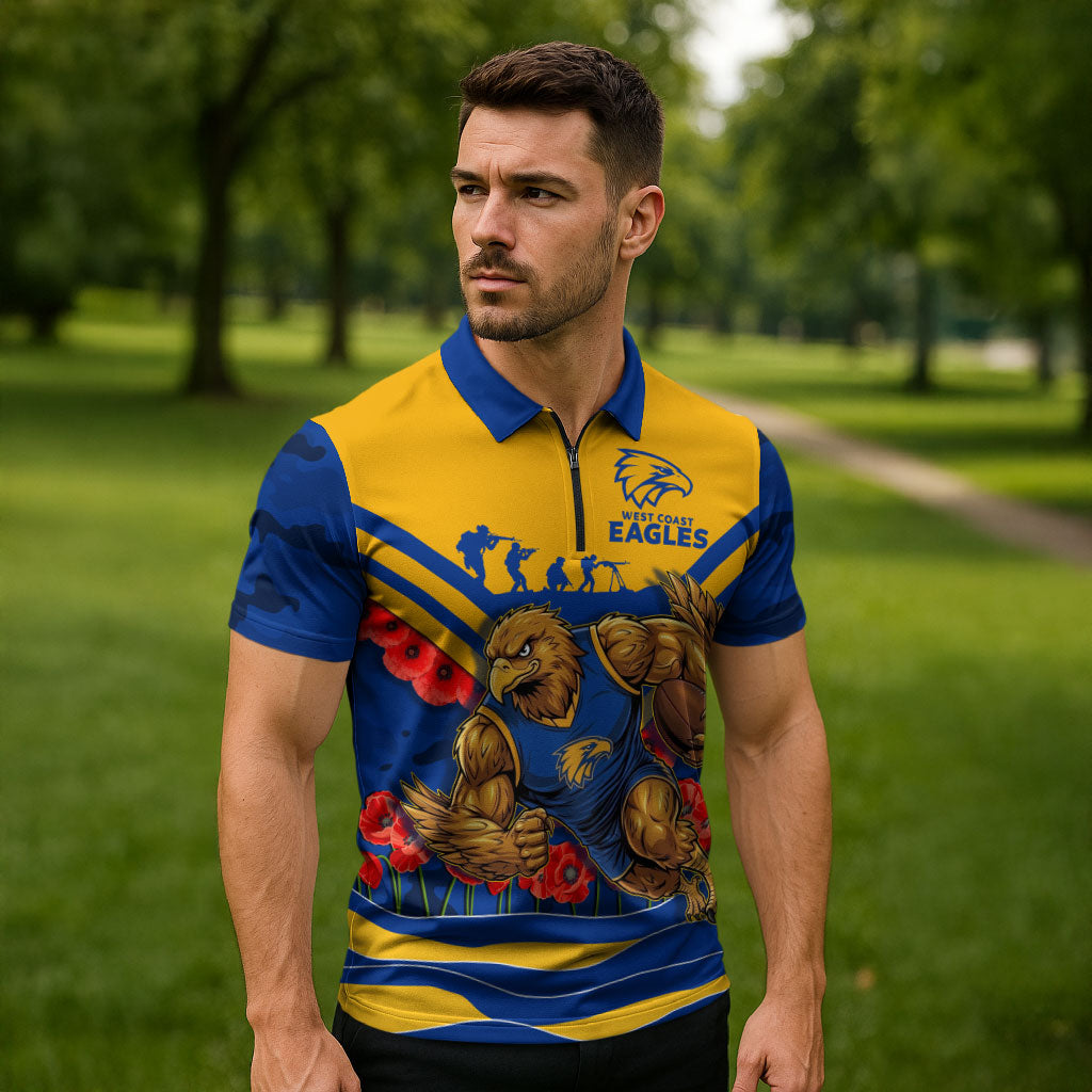Personalised West Coast Eagles ANZAC Zipper Polo Shirt Military Remembrance Australian Football Mascot Camouflage
