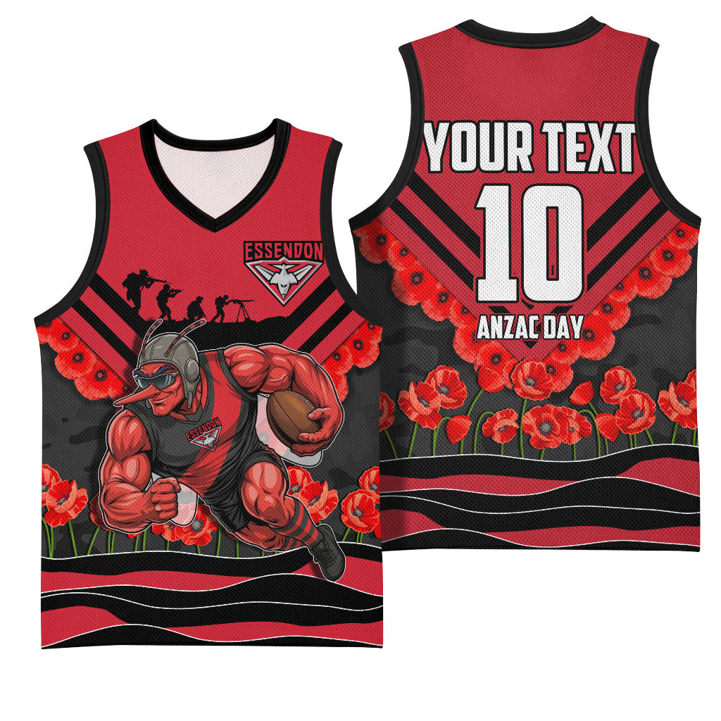 Personalised Essendon Bombers ANZAC Basketball Jersey Military Remembrance Australian Football Mascot Camouflage