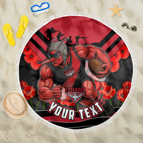 Personalised Essendon Bombers ANZAC Beach Blanket Military Remembrance Australian Football Mascot Camouflage