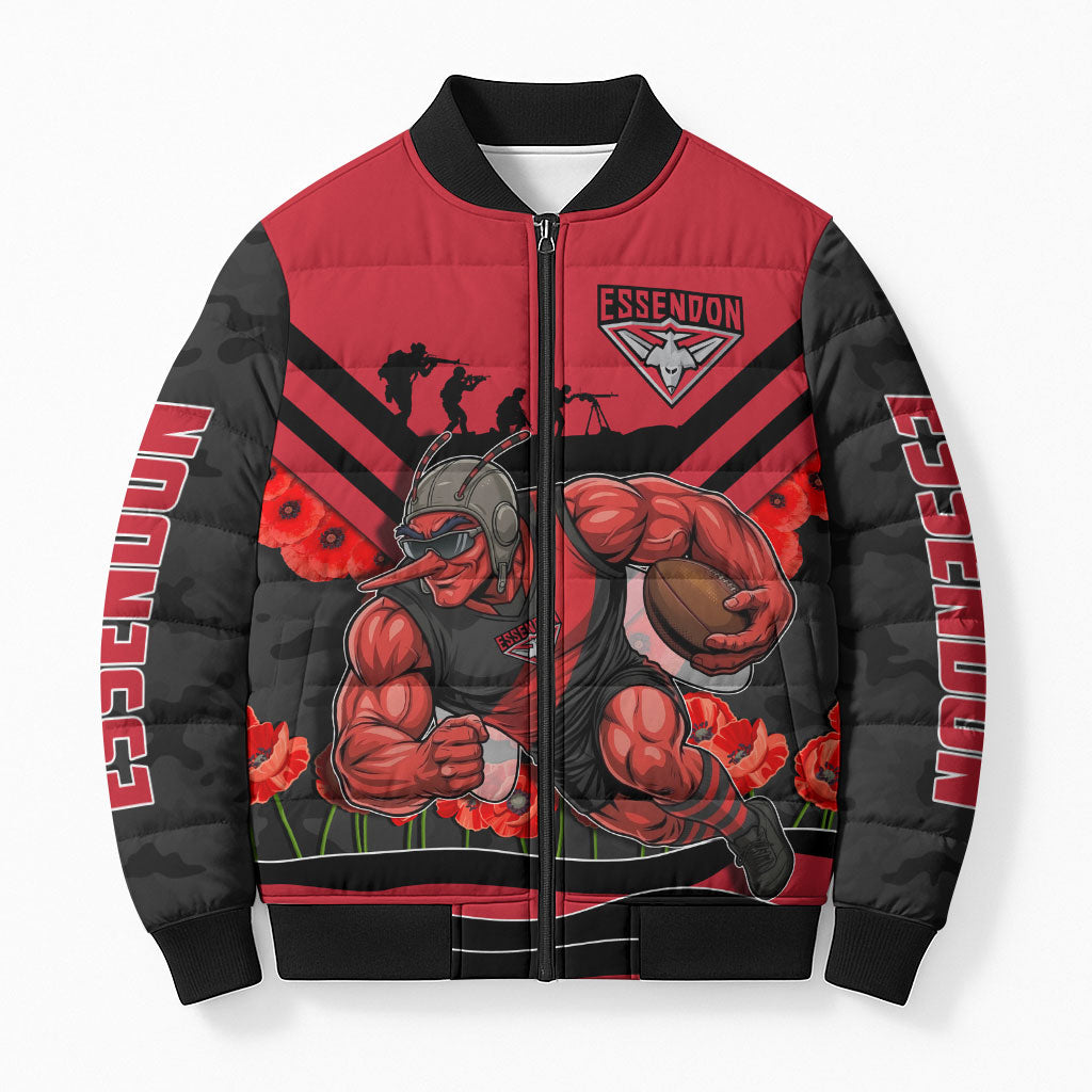 Personalised Essendon Bombers ANZAC Bomber Puffer Jacket Military Remembrance Australian Football Mascot Camouflage