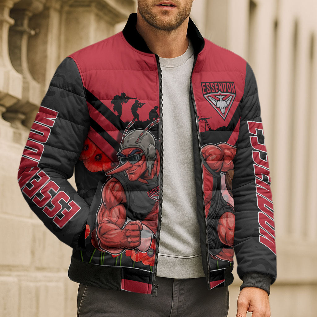 Personalised Essendon Bombers ANZAC Bomber Puffer Jacket Military Remembrance Australian Football Mascot Camouflage