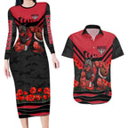 Personalised Essendon Bombers ANZAC Couples Matching Long Sleeve Bodycon Dress and Hawaiian Shirt Military Remembrance Australian Football Mascot Camouflage