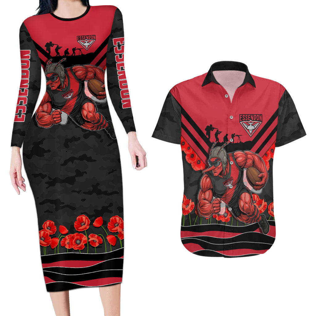 Personalised Essendon Bombers ANZAC Couples Matching Long Sleeve Bodycon Dress and Hawaiian Shirt Military Remembrance Australian Football Mascot Camouflage