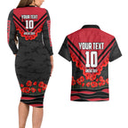 Personalised Essendon Bombers ANZAC Couples Matching Long Sleeve Bodycon Dress and Hawaiian Shirt Military Remembrance Australian Football Mascot Camouflage