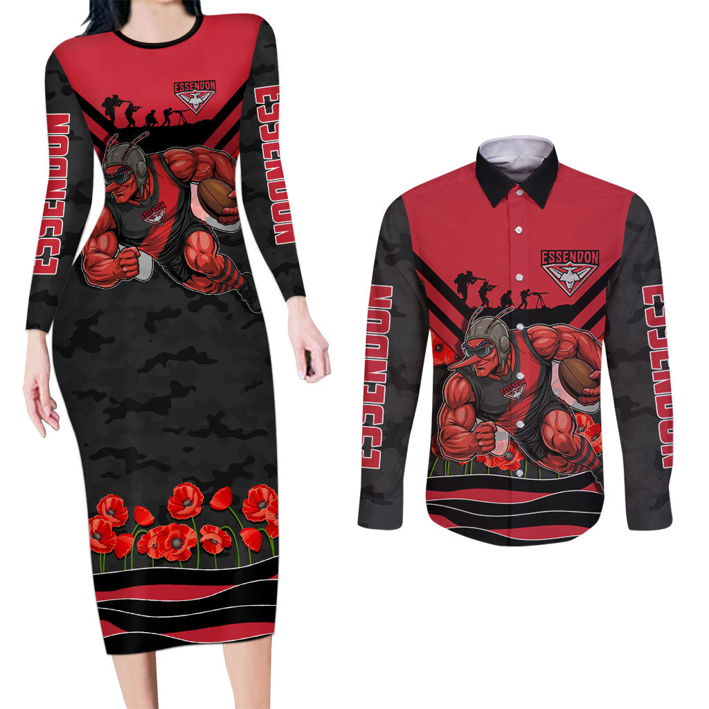 Personalised Essendon Bombers ANZAC Couples Matching Long Sleeve Bodycon Dress and Long Sleeve Button Shirt Military Remembrance Australian Football Mascot Camouflage
