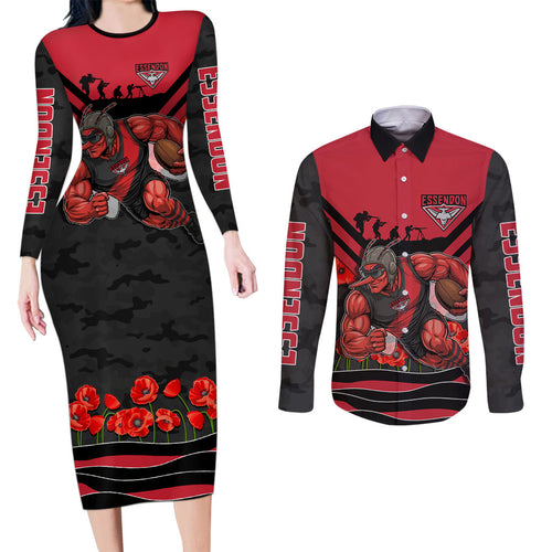 Personalised Essendon Bombers ANZAC Couples Matching Long Sleeve Bodycon Dress and Long Sleeve Button Shirt Military Remembrance Australian Football Mascot Camouflage