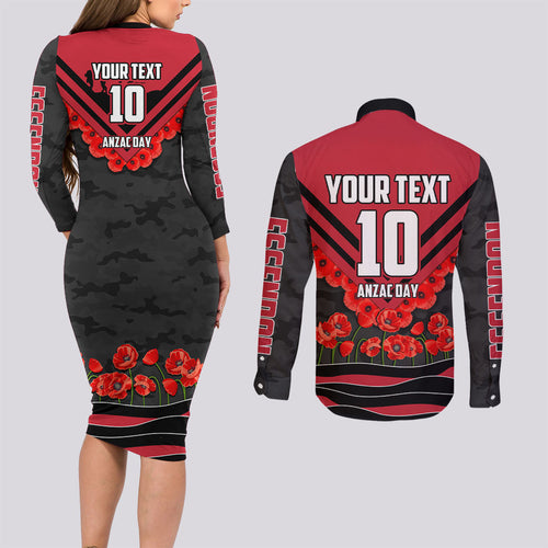 Personalised Essendon Bombers ANZAC Couples Matching Long Sleeve Bodycon Dress and Long Sleeve Button Shirt Military Remembrance Australian Football Mascot Camouflage