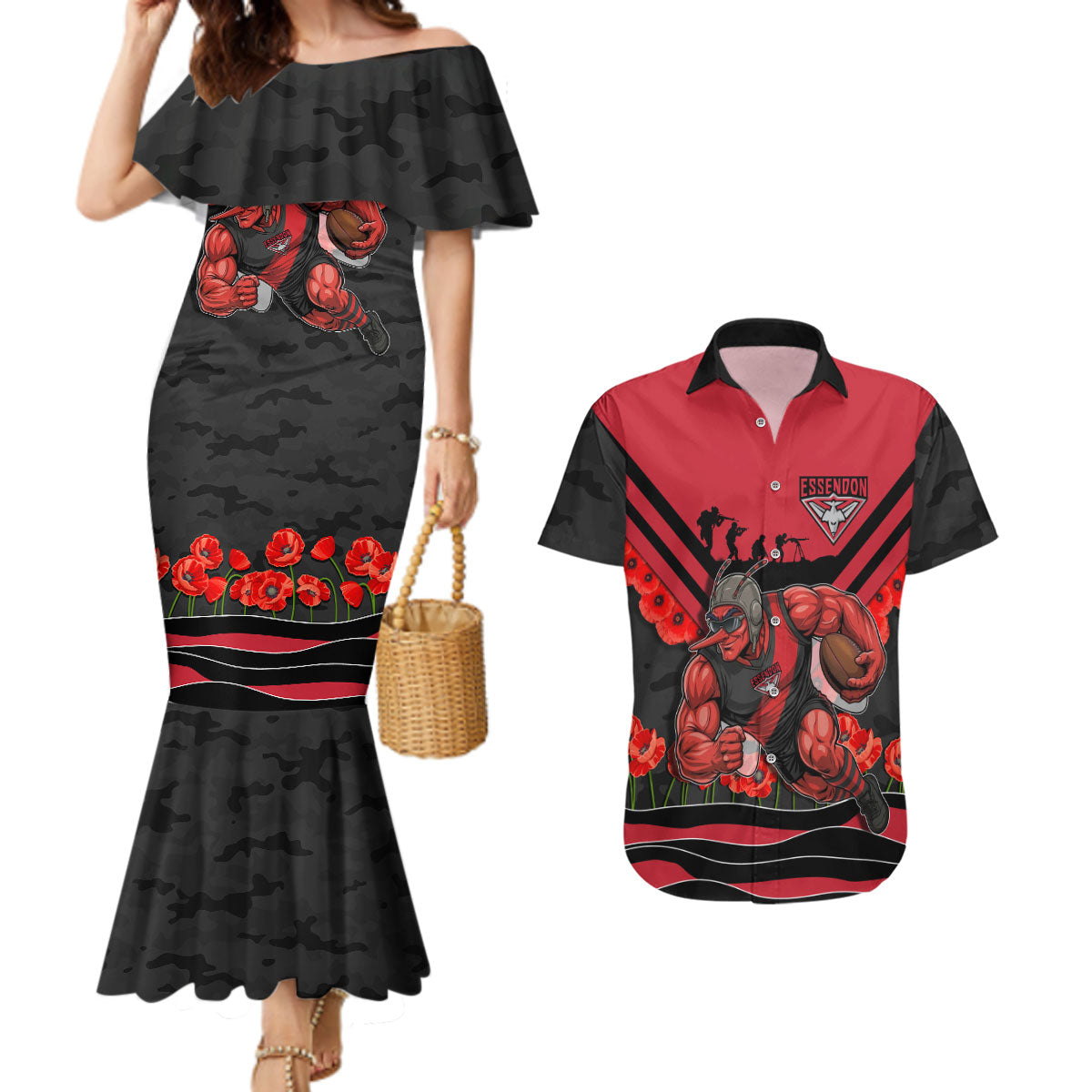 Personalised Essendon Bombers ANZAC Couples Matching Mermaid Dress and Hawaiian Shirt Military Remembrance Australian Football Mascot Camouflage