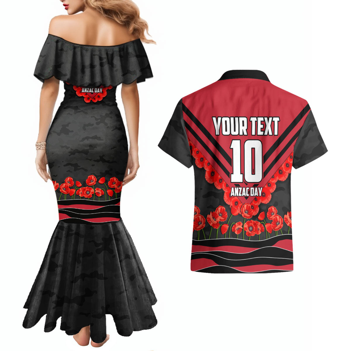 Personalised Essendon Bombers ANZAC Couples Matching Mermaid Dress and Hawaiian Shirt Military Remembrance Australian Football Mascot Camouflage