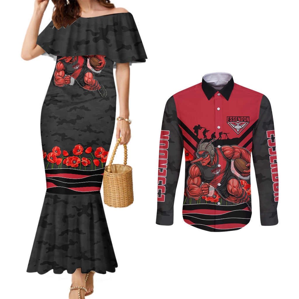 Personalised Essendon Bombers ANZAC Couples Matching Mermaid Dress and Long Sleeve Button Shirt Military Remembrance Australian Football Mascot Camouflage