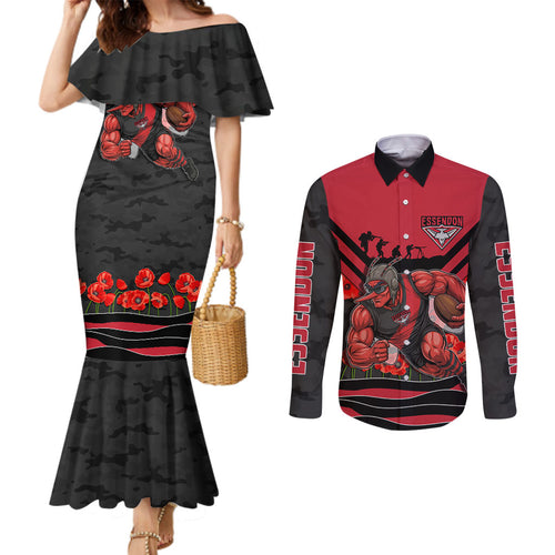 Personalised Essendon Bombers ANZAC Couples Matching Mermaid Dress and Long Sleeve Button Shirt Military Remembrance Australian Football Mascot Camouflage