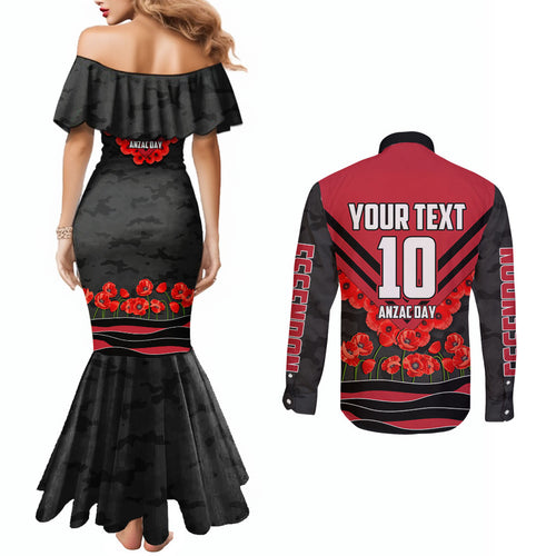 Personalised Essendon Bombers ANZAC Couples Matching Mermaid Dress and Long Sleeve Button Shirt Military Remembrance Australian Football Mascot Camouflage