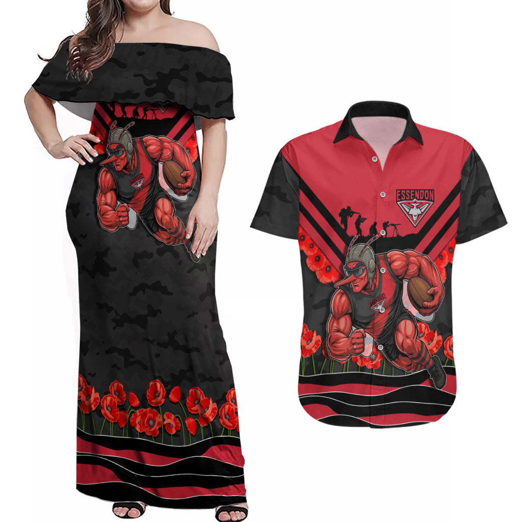 Personalised Essendon Bombers ANZAC Couples Matching Off Shoulder Maxi Dress and Hawaiian Shirt Military Remembrance Australian Football Mascot Camouflage