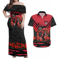 Personalised Essendon Bombers ANZAC Couples Matching Off Shoulder Maxi Dress and Hawaiian Shirt Military Remembrance Australian Football Mascot Camouflage