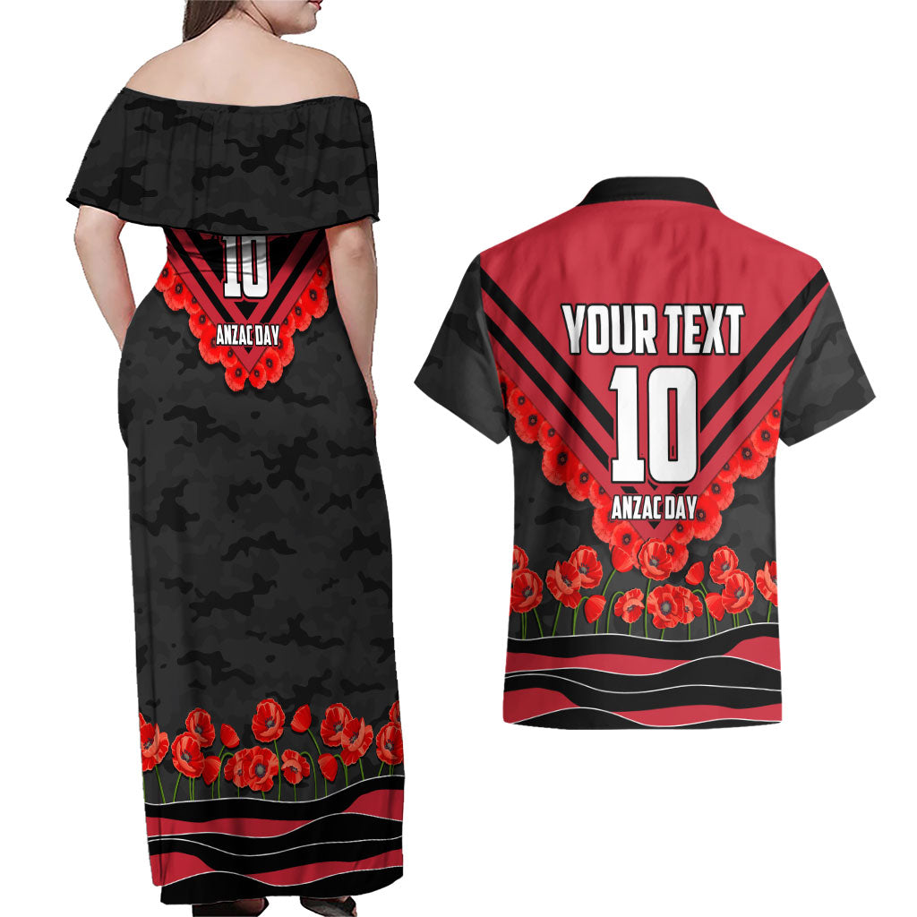 Personalised Essendon Bombers ANZAC Couples Matching Off Shoulder Maxi Dress and Hawaiian Shirt Military Remembrance Australian Football Mascot Camouflage