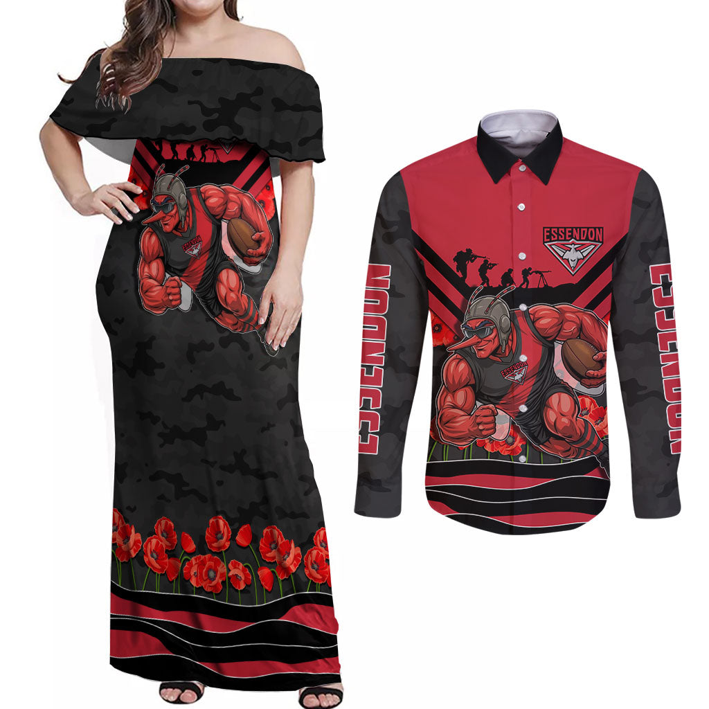 Personalised Essendon Bombers ANZAC Couples Matching Off Shoulder Maxi Dress and Long Sleeve Button Shirt Military Remembrance Australian Football Mascot Camouflage