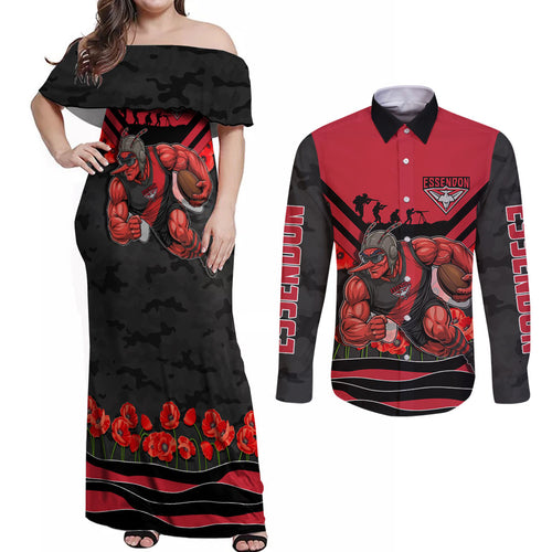 Personalised Essendon Bombers ANZAC Couples Matching Off Shoulder Maxi Dress and Long Sleeve Button Shirt Military Remembrance Australian Football Mascot Camouflage