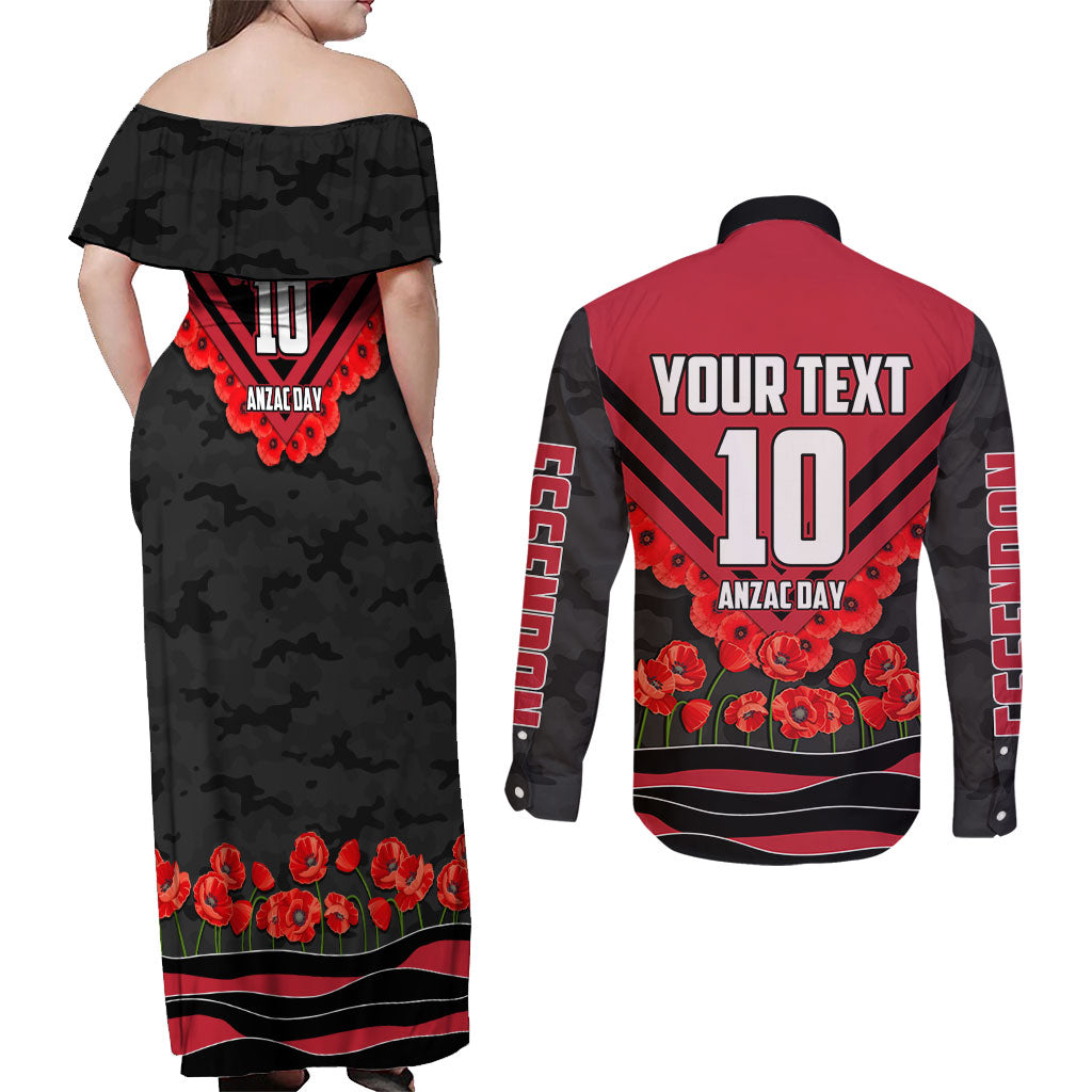 Personalised Essendon Bombers ANZAC Couples Matching Off Shoulder Maxi Dress and Long Sleeve Button Shirt Military Remembrance Australian Football Mascot Camouflage