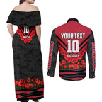 Personalised Essendon Bombers ANZAC Couples Matching Off Shoulder Maxi Dress and Long Sleeve Button Shirt Military Remembrance Australian Football Mascot Camouflage