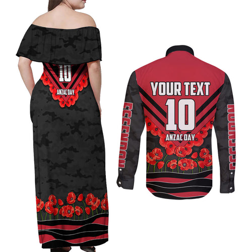 Personalised Essendon Bombers ANZAC Couples Matching Off Shoulder Maxi Dress and Long Sleeve Button Shirt Military Remembrance Australian Football Mascot Camouflage