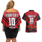Personalised Essendon Bombers ANZAC Couples Matching Off Shoulder Short Dress and Hawaiian Shirt Military Remembrance Australian Football Mascot Camouflage