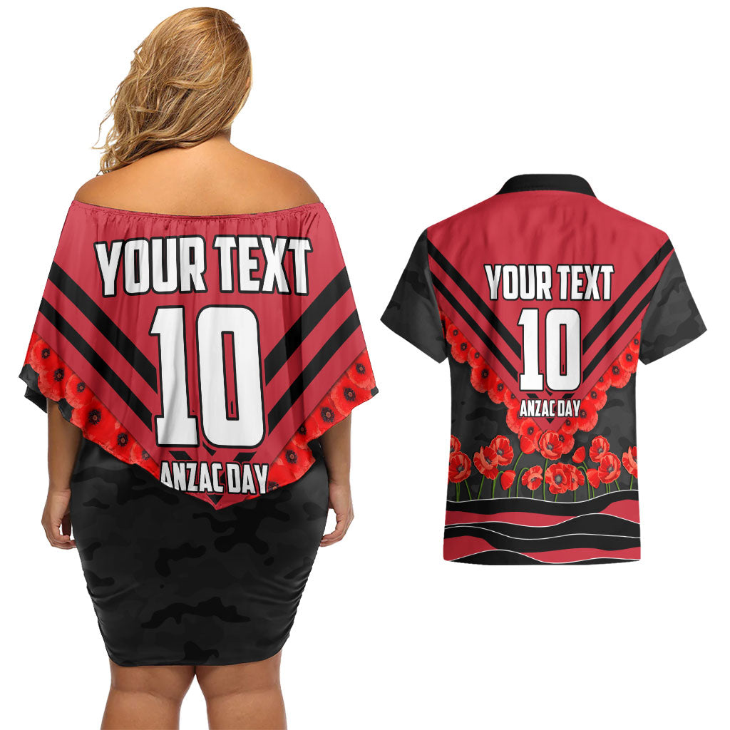 Personalised Essendon Bombers ANZAC Couples Matching Off Shoulder Short Dress and Hawaiian Shirt Military Remembrance Australian Football Mascot Camouflage
