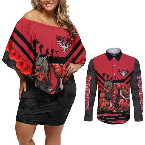 Personalised Essendon Bombers ANZAC Couples Matching Off Shoulder Short Dress and Long Sleeve Button Shirt Military Remembrance Australian Football Mascot Camouflage