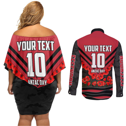 Personalised Essendon Bombers ANZAC Couples Matching Off Shoulder Short Dress and Long Sleeve Button Shirt Military Remembrance Australian Football Mascot Camouflage