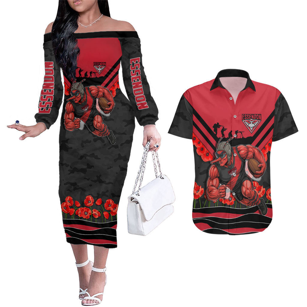 Personalised Essendon Bombers ANZAC Couples Matching Off The Shoulder Long Sleeve Dress and Hawaiian Shirt Military Remembrance Australian Football Mascot Camouflage