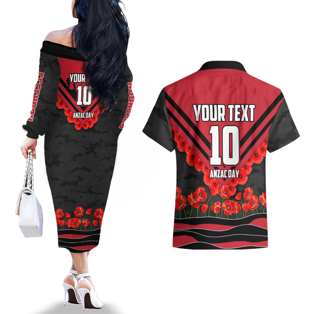 Personalised Essendon Bombers ANZAC Couples Matching Off The Shoulder Long Sleeve Dress and Hawaiian Shirt Military Remembrance Australian Football Mascot Camouflage