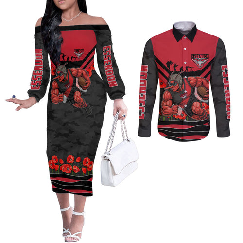 Personalised Essendon Bombers ANZAC Couples Matching Off The Shoulder Long Sleeve Dress and Long Sleeve Button Shirt Military Remembrance Australian Football Mascot Camouflage