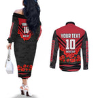 Personalised Essendon Bombers ANZAC Couples Matching Off The Shoulder Long Sleeve Dress and Long Sleeve Button Shirt Military Remembrance Australian Football Mascot Camouflage