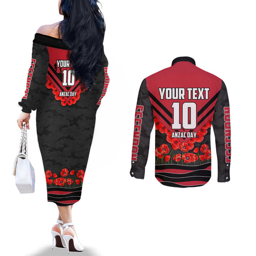 Personalised Essendon Bombers ANZAC Couples Matching Off The Shoulder Long Sleeve Dress and Long Sleeve Button Shirt Military Remembrance Australian Football Mascot Camouflage