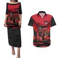 Personalised Essendon Bombers ANZAC Couples Matching Puletasi and Hawaiian Shirt Military Remembrance Australian Football Mascot Camouflage