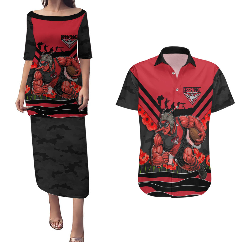 Personalised Essendon Bombers ANZAC Couples Matching Puletasi and Hawaiian Shirt Military Remembrance Australian Football Mascot Camouflage