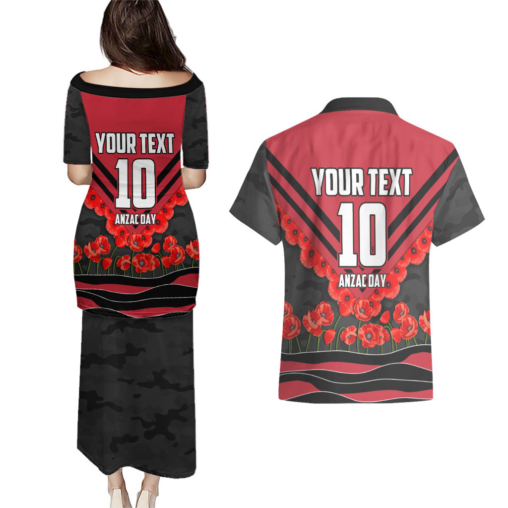 Personalised Essendon Bombers ANZAC Couples Matching Puletasi and Hawaiian Shirt Military Remembrance Australian Football Mascot Camouflage